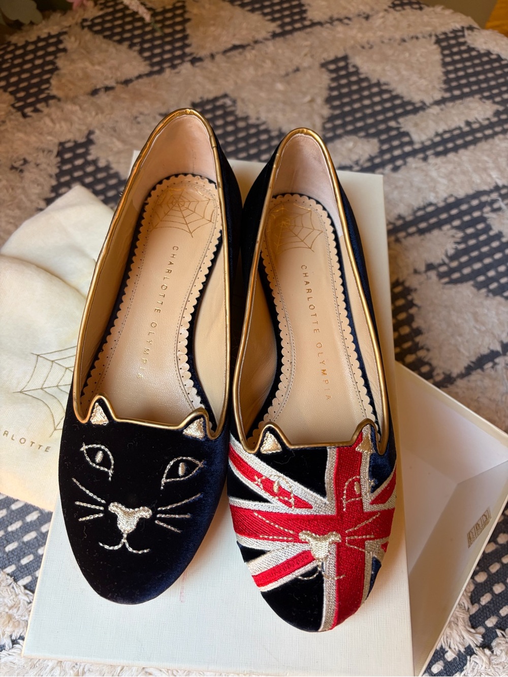 Charlotte Olympia Kitty Union Jack Velvet Flats EU [36] Box & Dust Bag Excellent